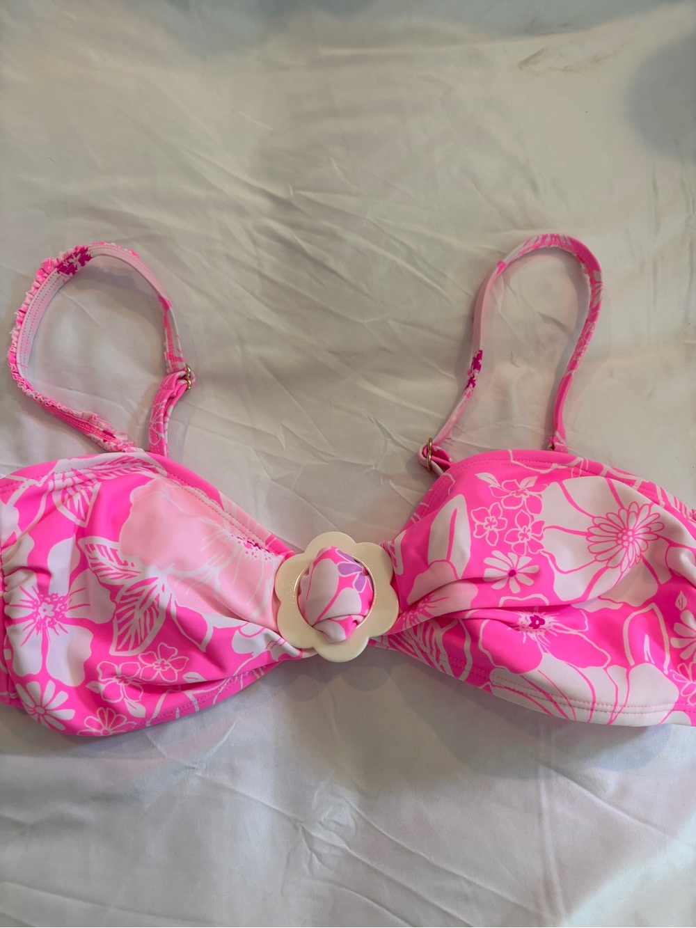Pink Floral Bikini Top with Decorative Ring